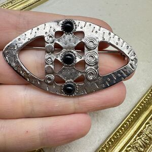 Vintage Jewelry Hammered Metal Aztec Brooch with Black Stones Pin